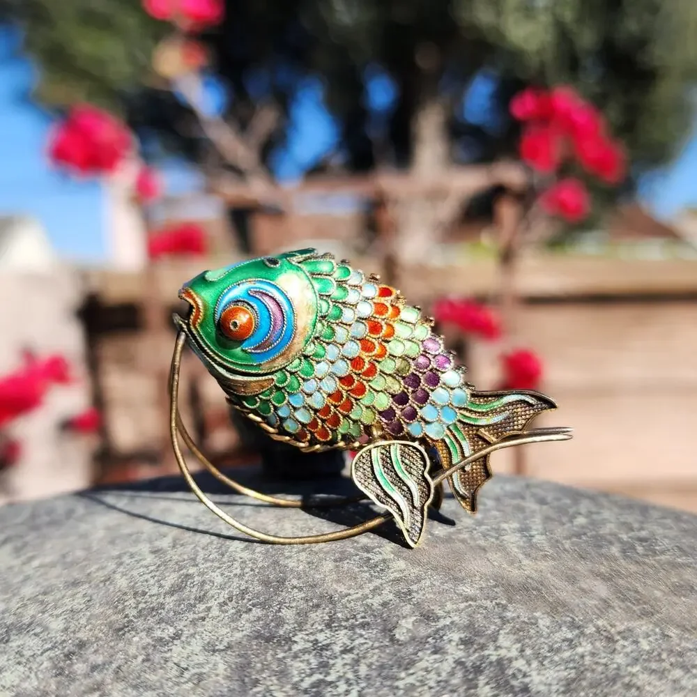 Vtg Old Chinese Export Fish Figurine Sterling Silver Gilt Cloisonne Articulated